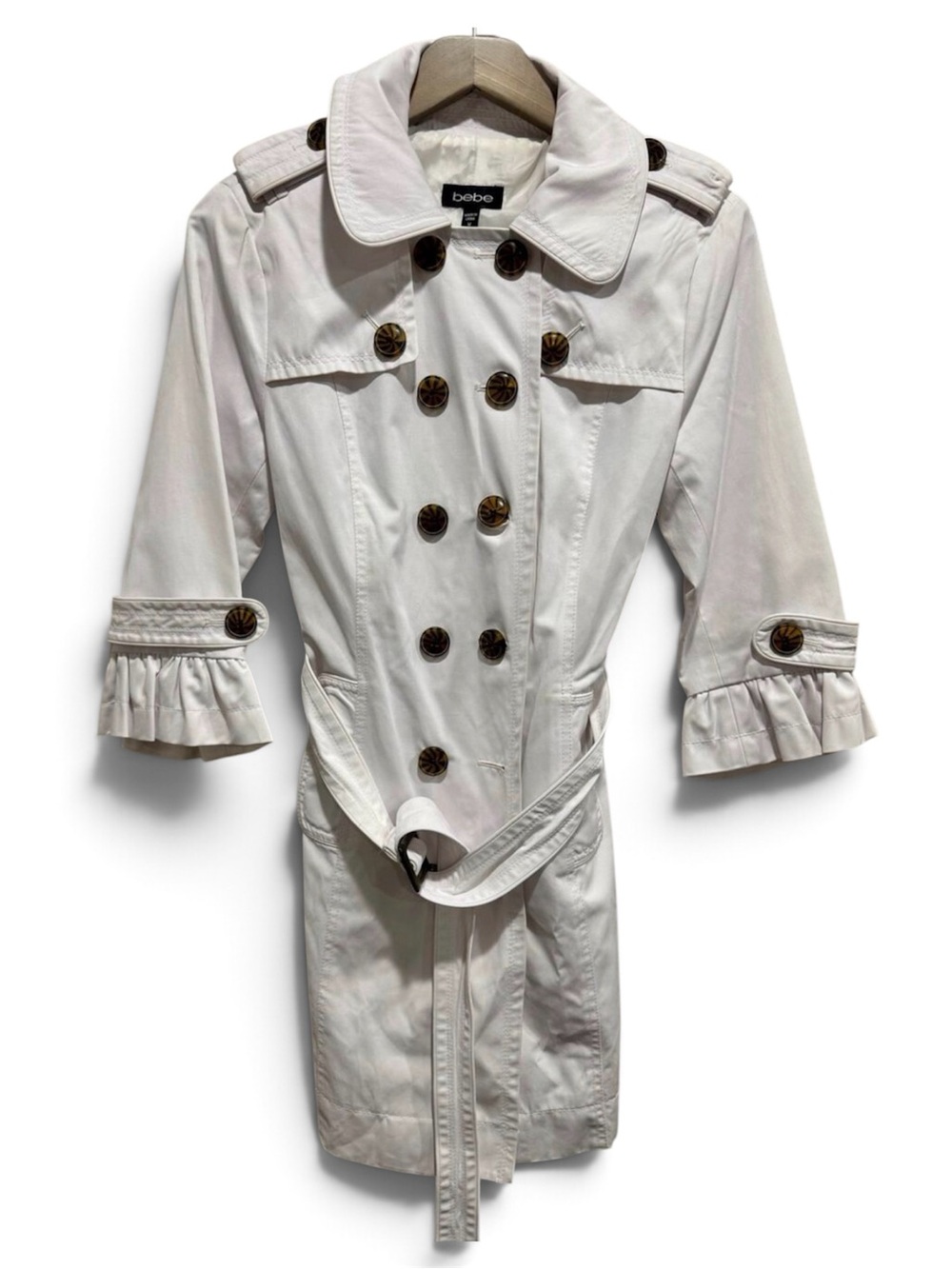 Bebe White Belted Trench Coat Ruffle Cuffs Statement Buttons M